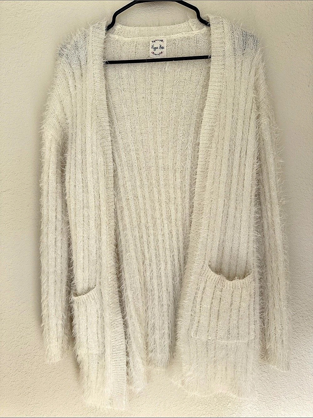 Hippie Rose Fuzzy Knit Open Front Cardigan in White Like New. Size small